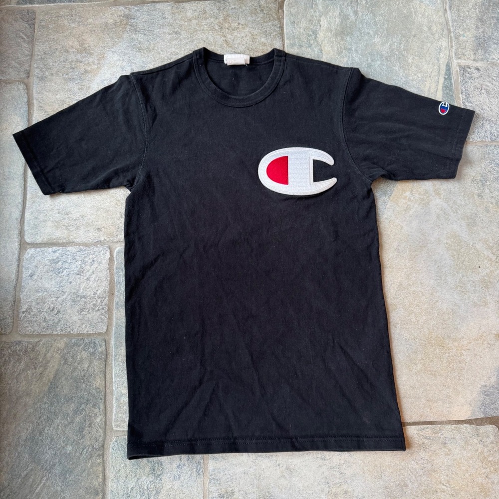 80s Vintage Champion Black T‑Shirt Small Big C Patch Logo Front & Sleeve